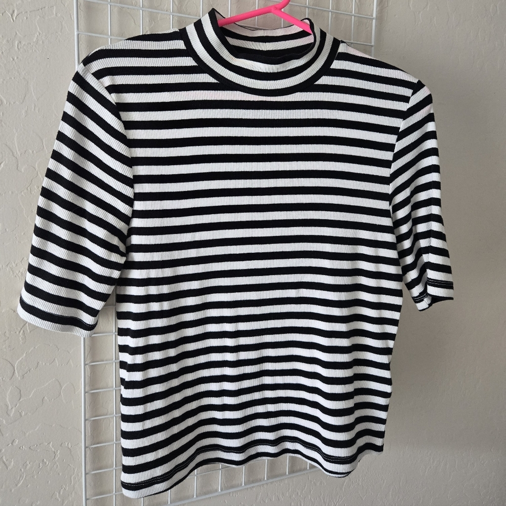 Black and White Striped Mock Neck Top